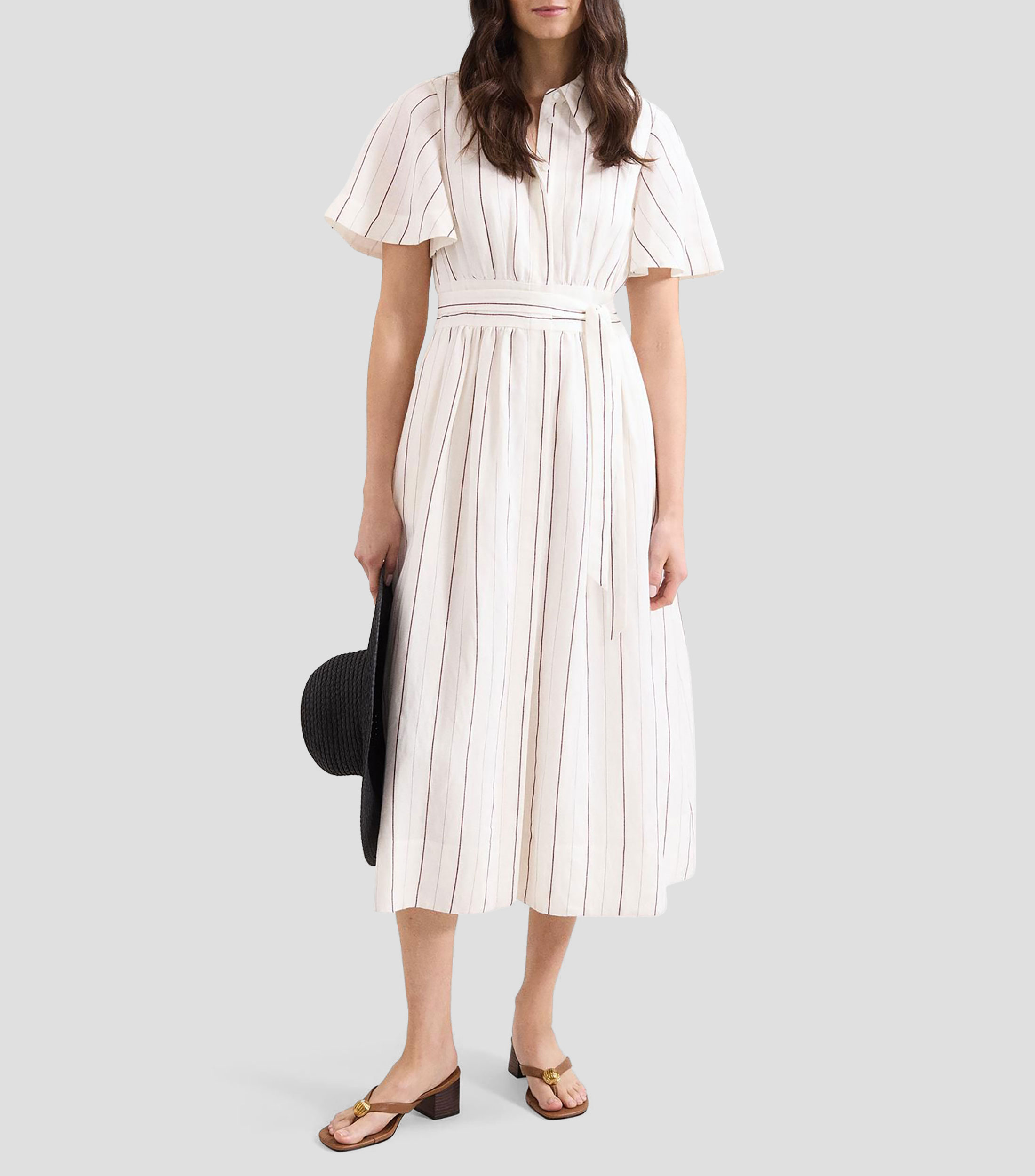 Vestido midi manga corta de rayas Mujer